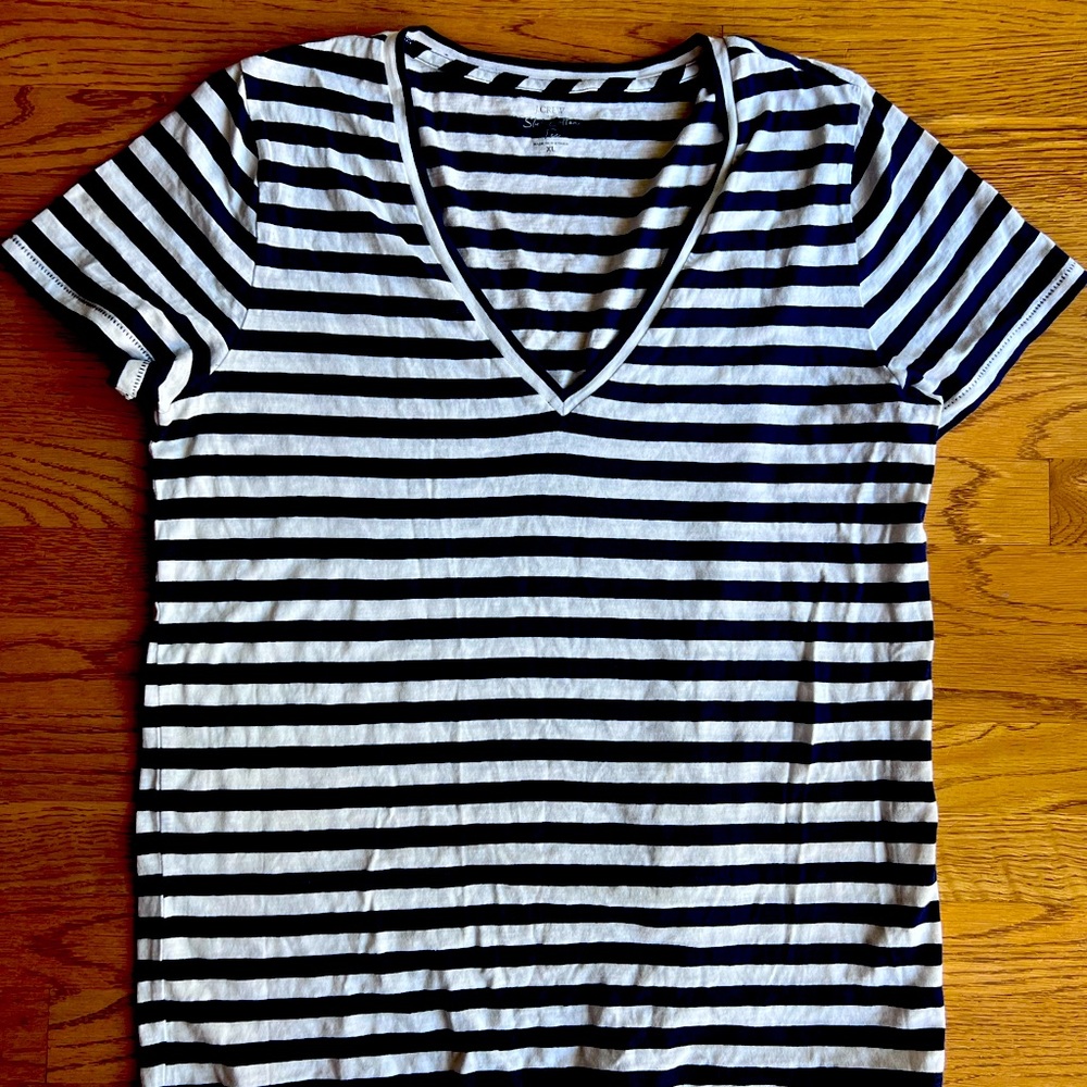 J.Crew Navy and White Striped V-Neck Women's Top